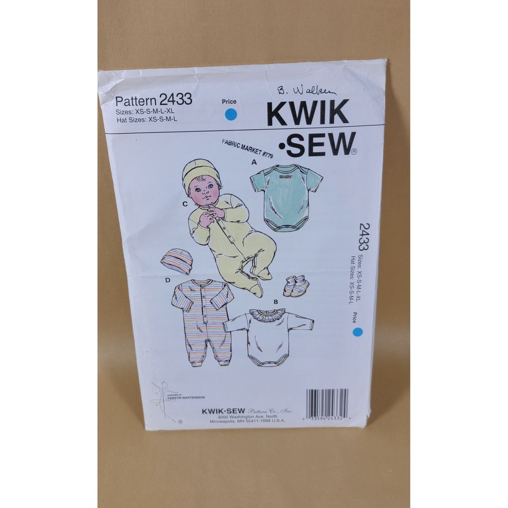 Kwik Sew 2433 Baby Rompers Jumpsuits Cap Booties Sewing Pattern XS-XL Newbrn-18M